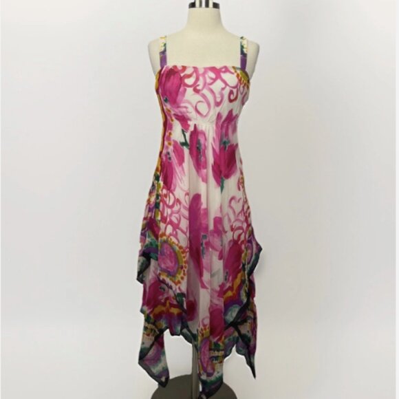 Suzy Chin Dresses & Skirts - Suzi Chin Colorful Fairycore Dress Whimsical Asymmetrical 100% Silk Y2K